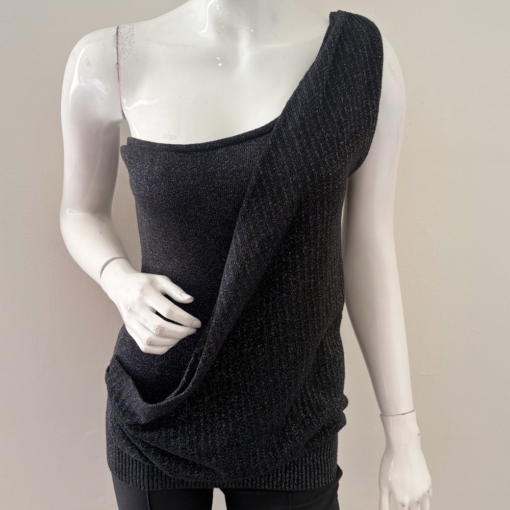 Vintage Y2K Arden B Black & Silver One-Shoulder Knit Draped Top Metallic Thread